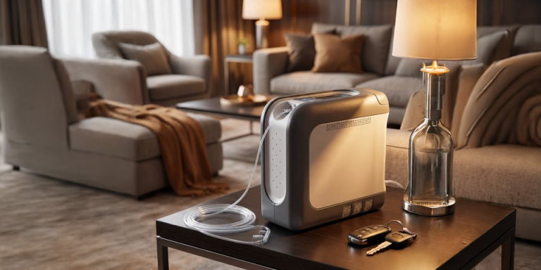 Drive iGo2 portable oxygen concentrator on a living room side table
