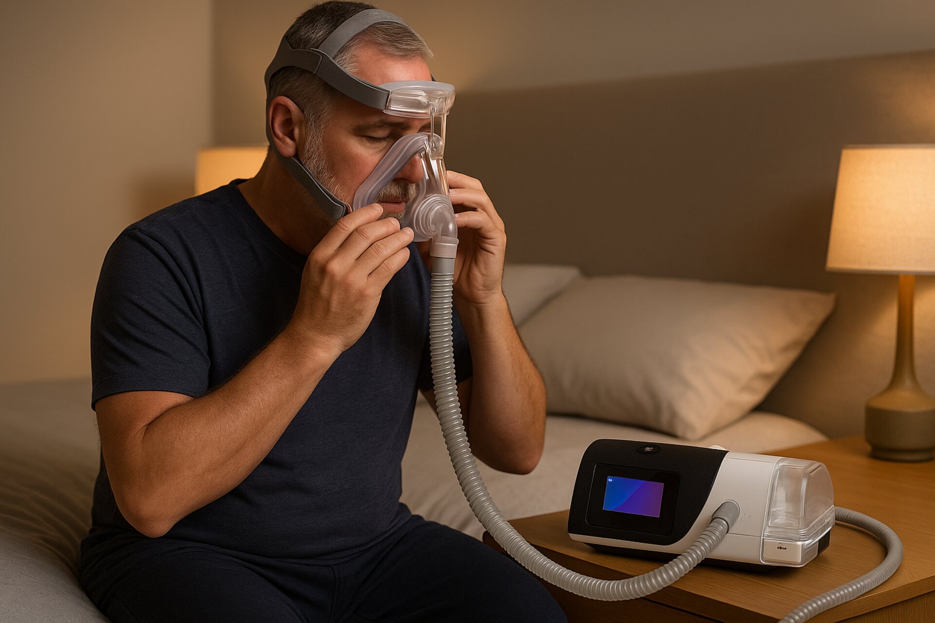 Un hombre coloca una máscara CPAP completa mientras está sentado en la cama